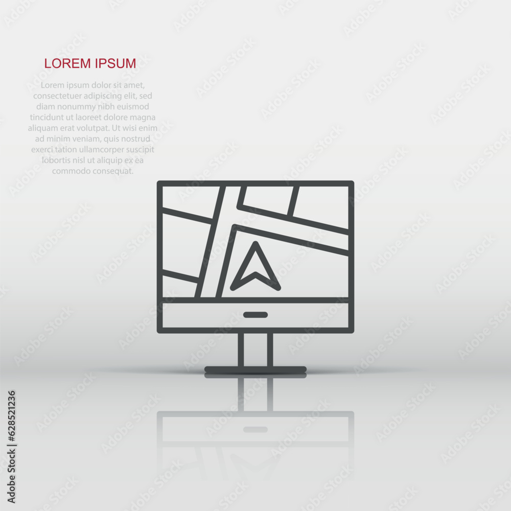 Poster computer navigation icon in flat style. monitor pin gps vector illustration on white isolated backgr
