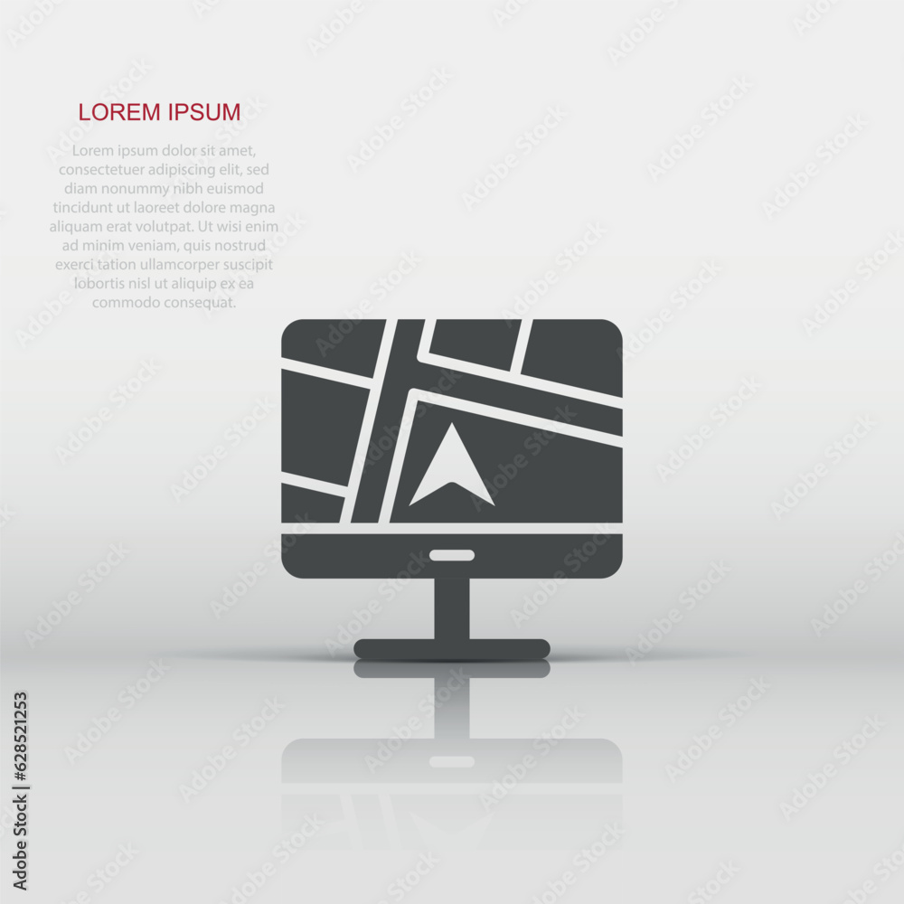 Poster computer navigation icon in flat style. monitor pin gps vector illustration on white isolated backgr