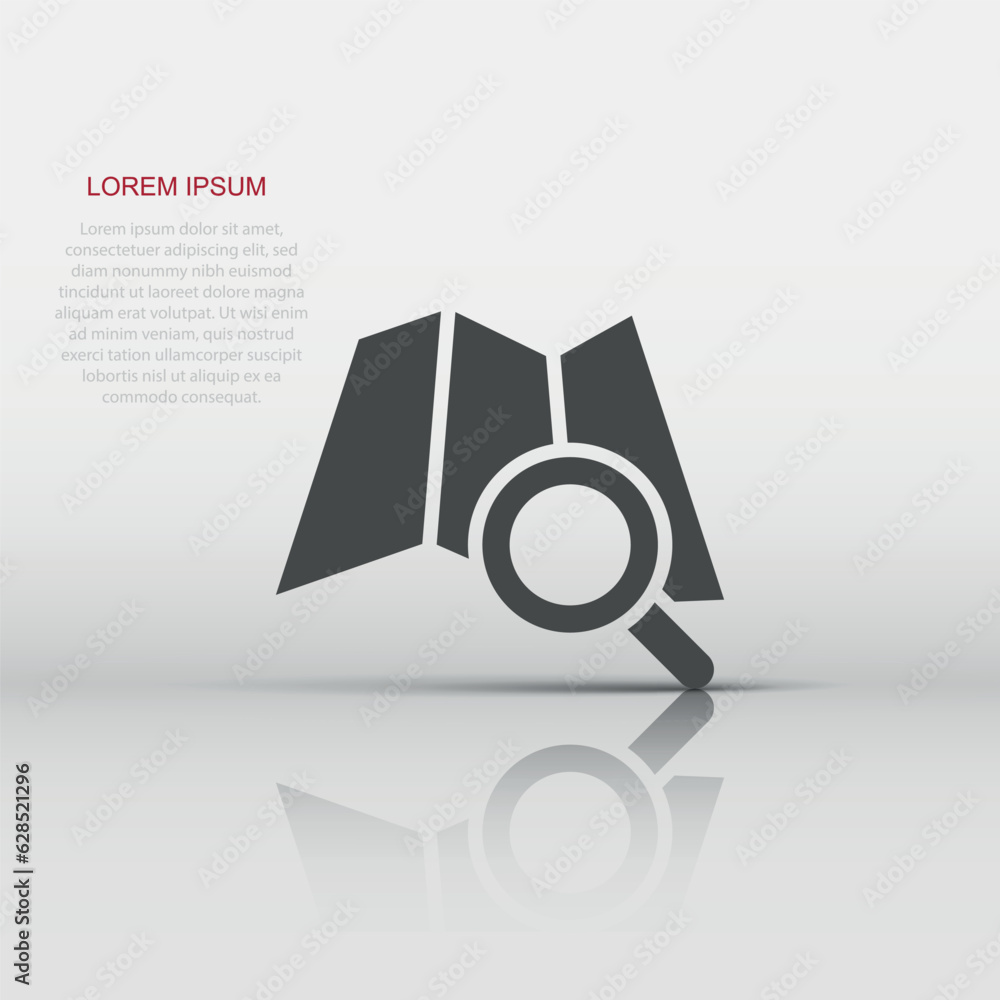 Poster map with magnifier icon in flat style. gps navigation vector illustration on white isolated backgrou