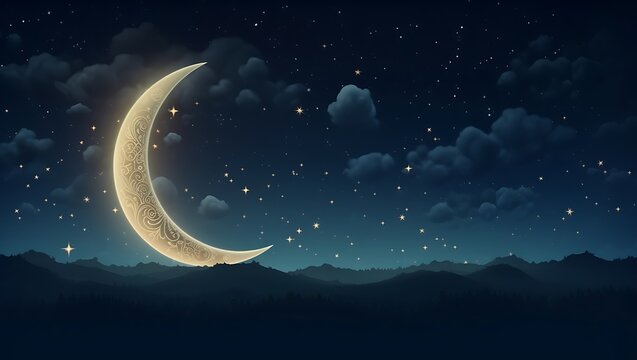 Night scene with a crescent moon and stars. Generative AI