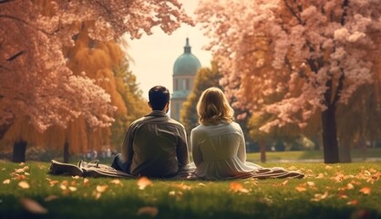 Young couple sitting on a lawn in the park back view. Generative AI