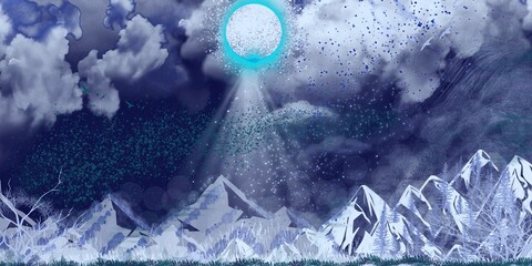 water and ice cloudy moon let night winter best love design paint art splashed illustration pattern hill on the moonlight effect template use cover page unique design graphics artistic heaven blue sea