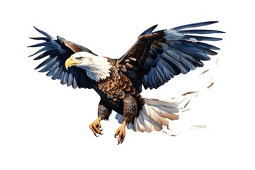 Obraz premium Large brown and white eagle is soaring above a white background, in the style of colorful watercolor created with Generative AI technology