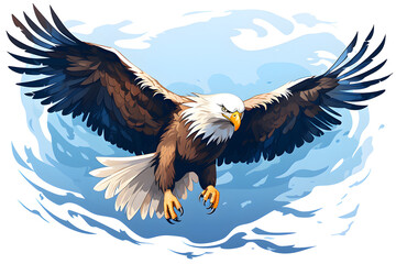 Large brown and white eagle is soaring above a white background, in the style of colorful watercolor created with Generative AI technology