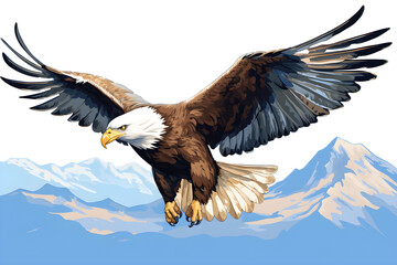 Fototapeta premium Large brown and white eagle is soaring above a white background, in the style of colorful watercolor created with Generative AI technology