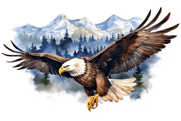 Large brown and white eagle is soaring above a white background, in the style of colorful watercolor created with Generative AI technology