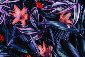 Creative fluorescent background of leaves and flowers of tropical plants. © SOLDATOOFF