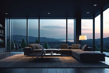 The stylish composition at living room interior with minimal design | Spacious long living room with dark design | ,Generative AI