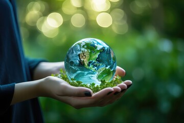 ESG environment social governance concept. Hand-holding crystal globe with ESG icon around it.Business cooperation for a sustainable environment.World sustainable environment concept. 
