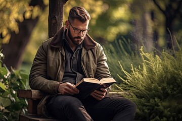 man reading a book in the park or in the forest generate AI