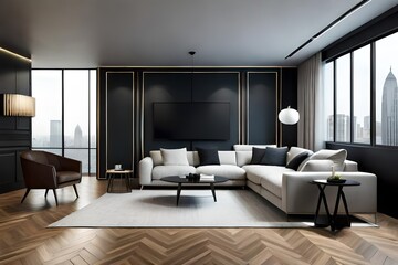 Black minimalist luxury living room interior with sofa on a wooden floor, black large tv on wall