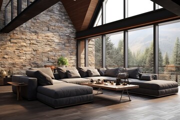 Beautiful modern living room interior with stone wall and fireplace in luxury home,Generative AI