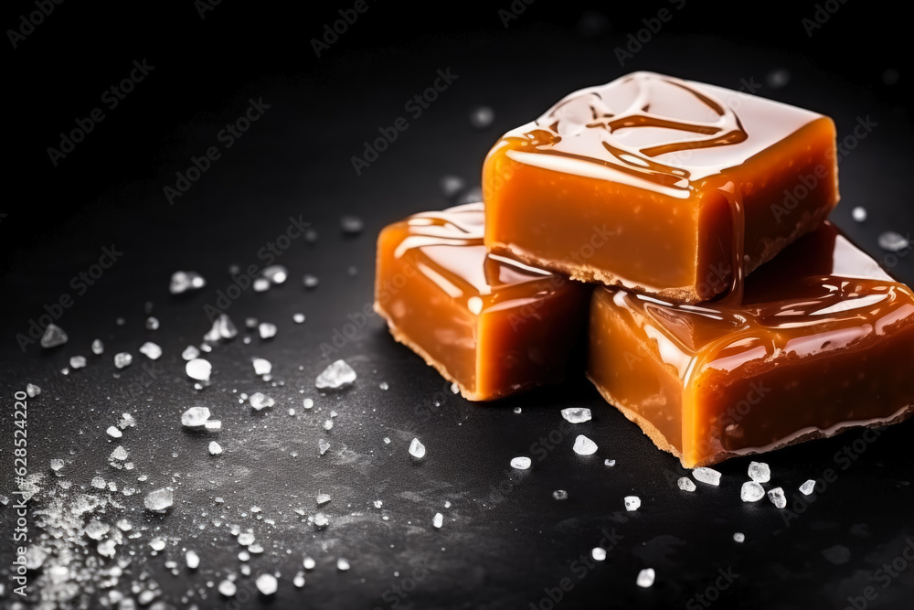 Poster delicious caramels dark background with empty space for text