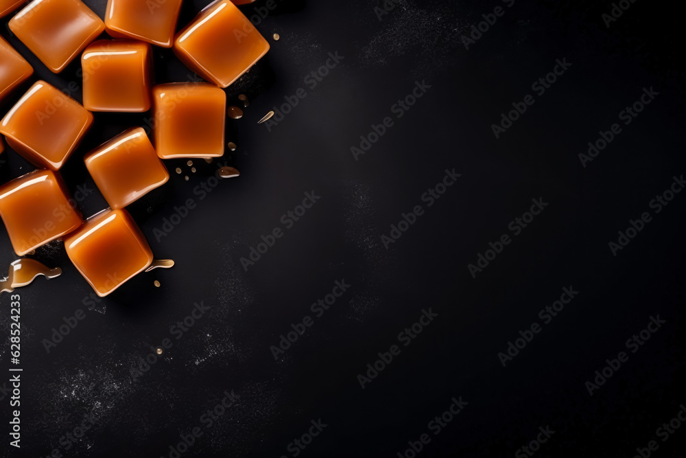 Poster delicious caramels dark background with empty space for text