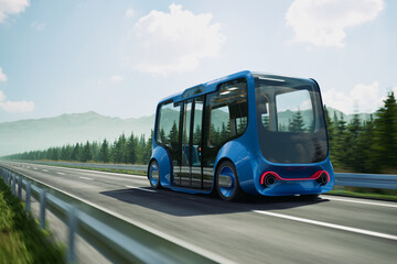 An autonomous smart bus coming up the road. Electric car going to charge station