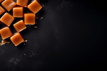 Delicious caramels dark background with empty space for text  