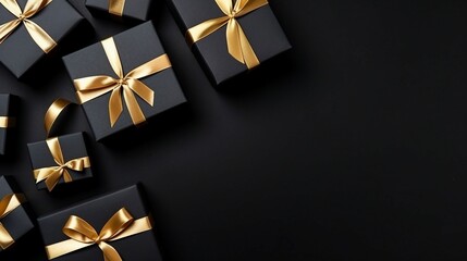 Black gift boxes arranged on dark background, black friday discounts concept - Powered by Adobe