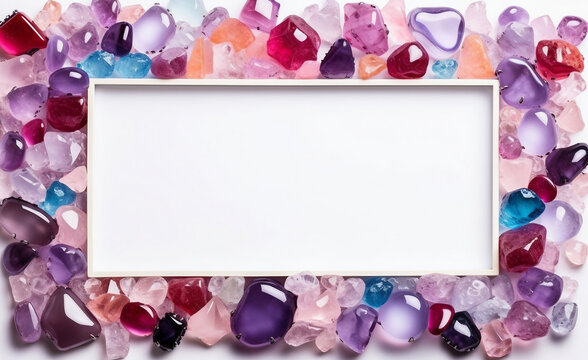 Frame of crystals and gem stones, sea glass, blue and pink colors
