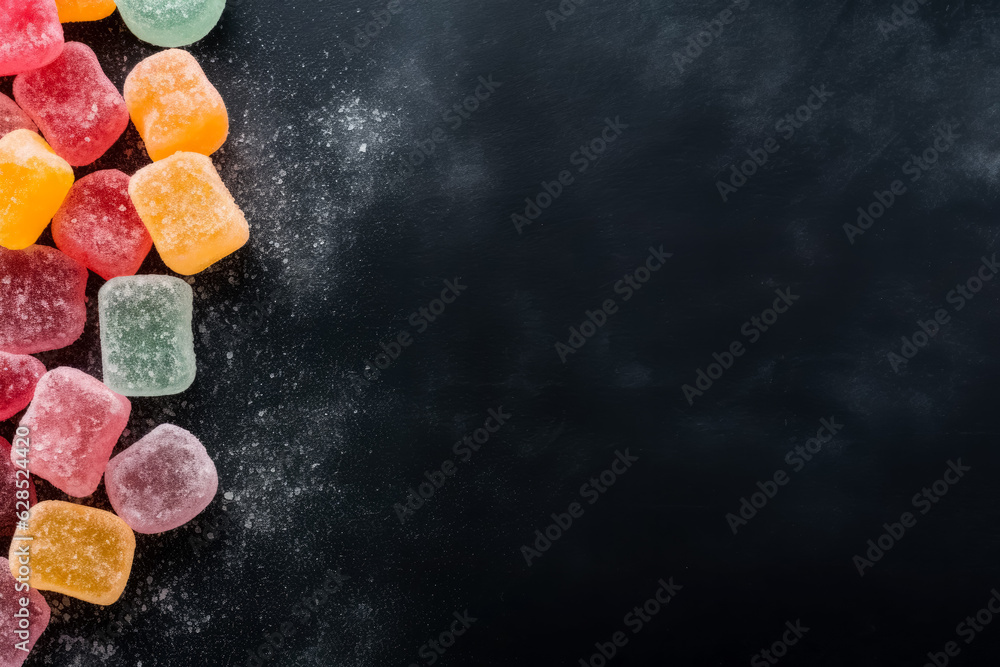 Poster delicious gumdrops dark background with empty space for text