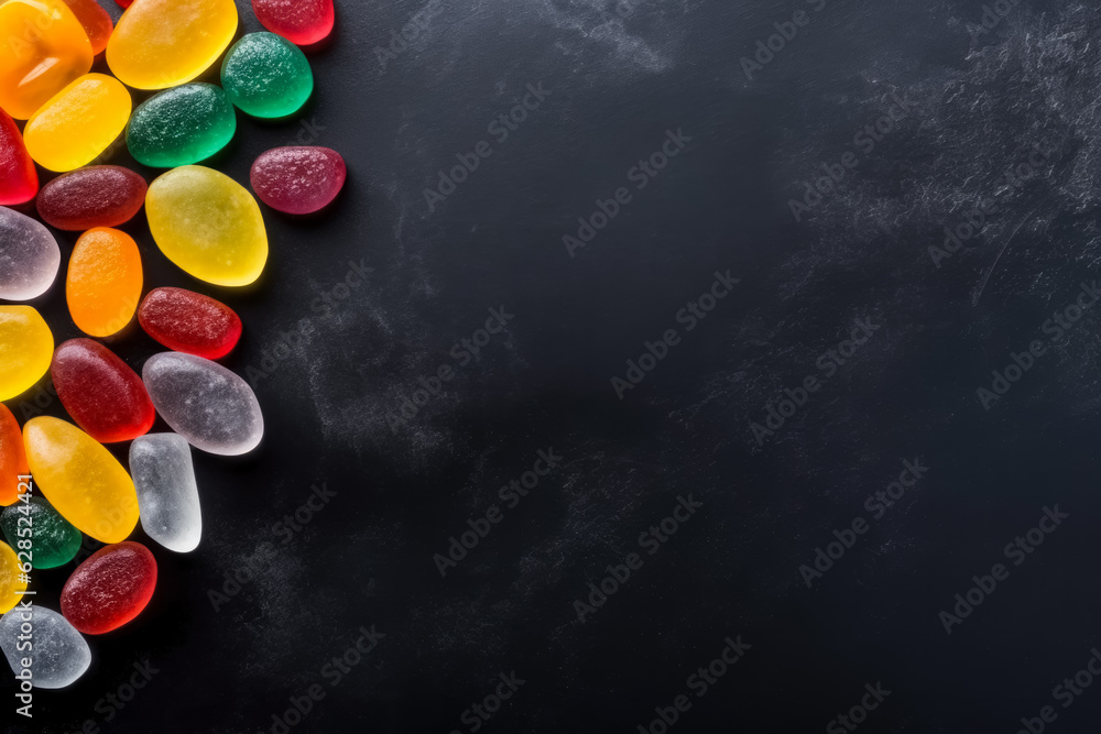 Poster delicious gumdrops dark background with empty space for text