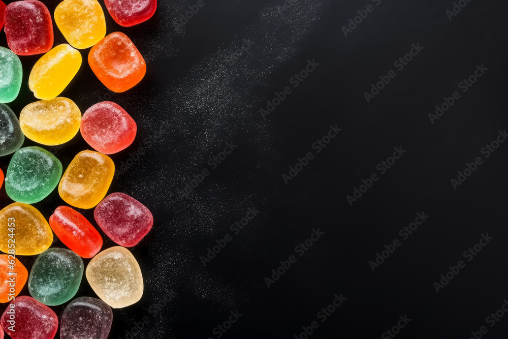 Poster delicious gumdrops dark background with empty space for text