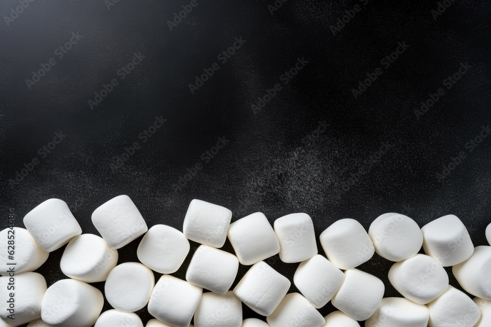 Poster delicious marshmallows dark background with empty space for text