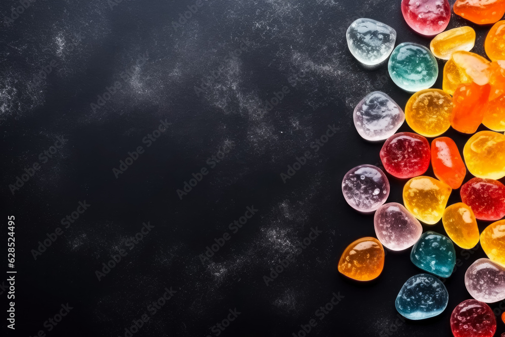 Poster delicious hard candy dark background with empty space for text