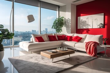 Interior of a minimalist living room in flat single pastel dark red, maroon colour, with furniture and plants in the room| Modern luxury living room,Generative AI
