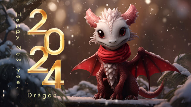 Cute red dragon symbol of 2024 with a red scarf in a snowy fairytale forest with golden numbers 2024 and Happy New Year text.