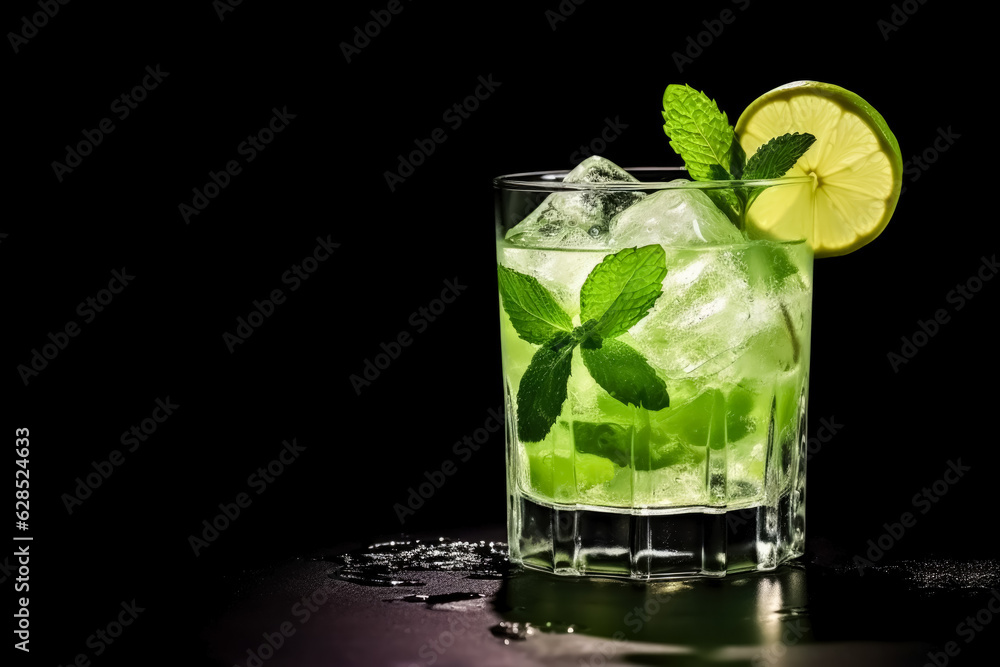 Poster ideal mojito cocktail dark background with empty space for text