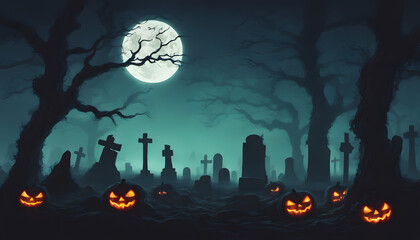 Halloween background Spooky forest, Graves, headstones, skeletons and crosses. Happy Halloween. Feast of the Dead
