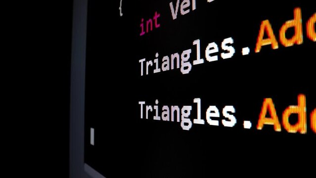 Closeup macro shot movement of coding script moving across LED screen with real-time AI-generated typing, showcasing advanced AI learning in optimization, debug and coding for software development.