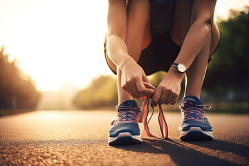 View of a runner feet on a road while tying her sport shoes