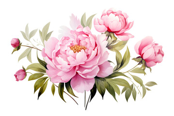 Elegant watercolor peonies flowers isolated on white background. Floral illustration created with Generative AI technology