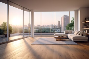 Empty living room with white wall in the background | Modern living room interior with white wall | Empty room with window in modern house,Generative AI