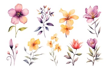 Fototapeta na wymiar Set of watercolor flowers created with Generative AI technology