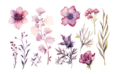 Set of watercolor flowers created with Generative AI technology