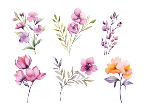 Set of watercolor flowers created with Generative AI technology