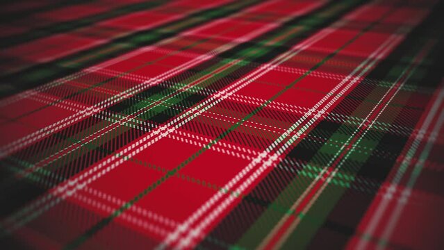 Tartan Royal Stewart Scottish Background/ 4k animation of an abstract tartan scottish red and green textured background with royal canvas patterns scrolling with camera depth of field