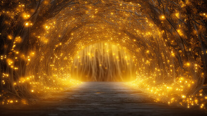 luminous arch tunnel in the trees alley in golden leaves autumn background.