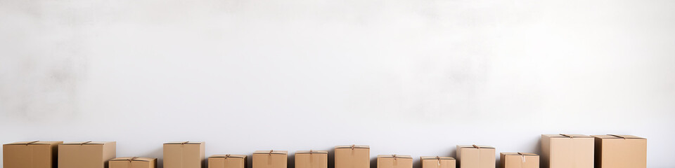 cardboard boxes isolated on a long narrow white background panorama row.