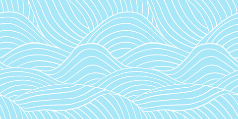 Seamless playful hand drawn light pastel blue wavy rolling hills doodle pattern. Abstract cute ocean waves line art background texture. Boy's birthday, baby shower or nursery wallpaper design.
