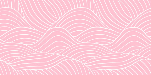 Seamless playful hand drawn light pastel pink wavy rolling hills doodle pattern. Abstract cute ocean waves line art background texture. Girls's birthday, baby shower or nursery wallpaper design. © Unleashed Design