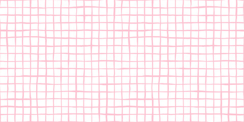 Seamless playful hand drawn light pastel pink windowpane grid fabric pattern. Abstract geometric cute wonky square lines background texture. Girl's birthday, baby shower or nursery wallpaper design.