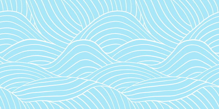 Seamless playful hand drawn light pastel blue wavy rolling hills doodle pattern. Abstract cute ocean waves line art background texture. Boy's birthday, baby shower or nursery wallpaper design.