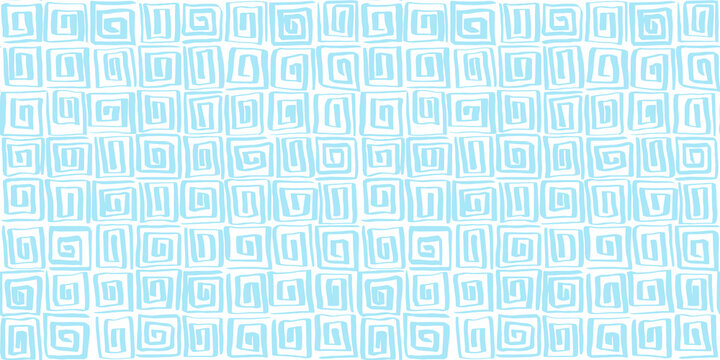 Seamless playful hand drawn light pastel blue Greek key spiral squares pattern. Abstract cute Egyptian motif doodle lines background texture. Boy's birthday, baby shower or nursery wallpaper design.