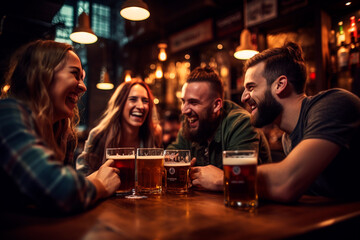 A group of people drinking beer at the pub's brewery restaurant. - obrazy, fototapety, plakaty