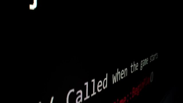 Closeup macro shot movement of coding script moving across LED screen with real-time AI-generated typing, showcasing advanced AI learning in optimization, debug and coding for software development.