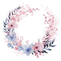Watercolor floral wreath, in the style of soft and dreamy atmosphere, made of flowers, floral motifs, isolated on white background. Image created with Generative AI technology