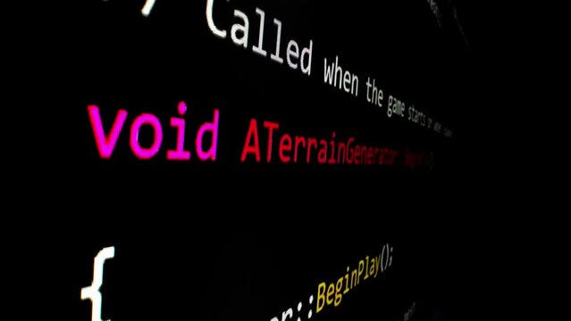 Closeup macro shot movement of coding script moving across LED screen with real-time AI-generated typing, showcasing advanced AI learning in optimization, debug and coding for software development.